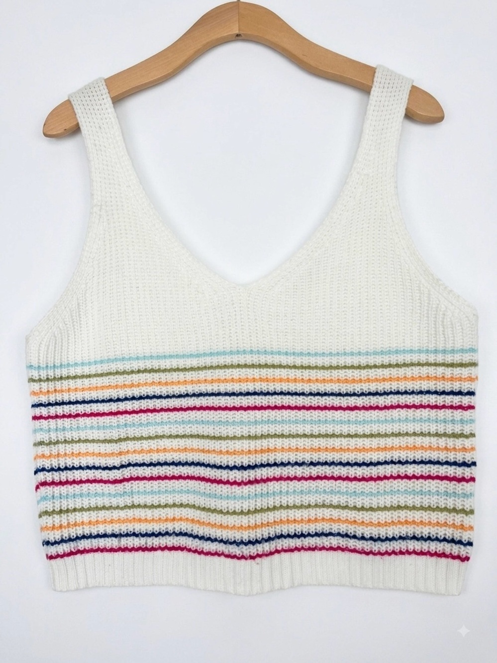 Hem & Thread Knit Striped Cropped Tank Top Multicolored V-Neck Preppy Boho Sz M